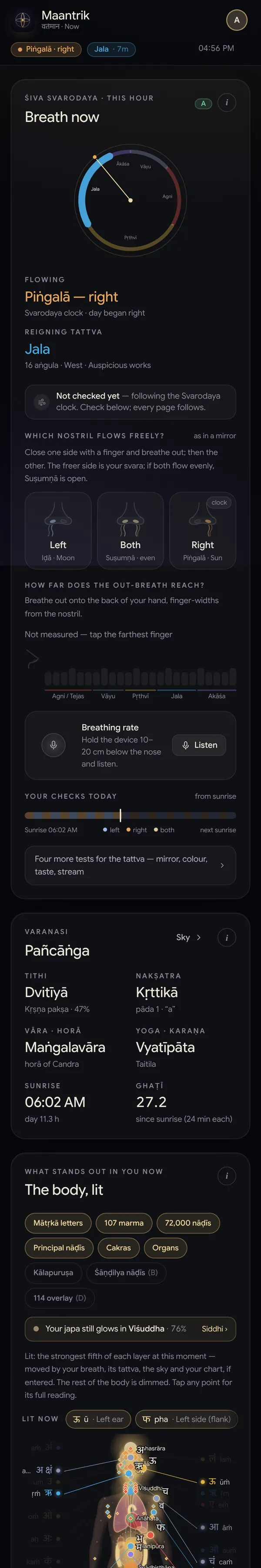 The Now screen on a phone: your breath, the pañcāṅga and your body lit